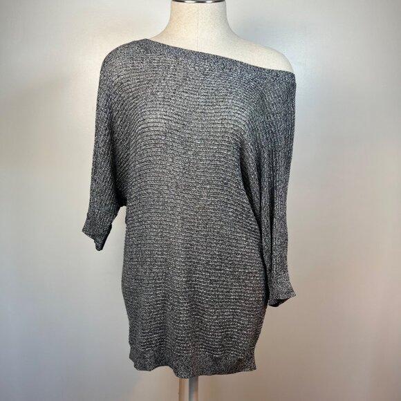 EXPRESS Black and White Marled Mesh Dolman 3/4 Sleeve Knit Sweater Size Medium - Picture 6 of 9